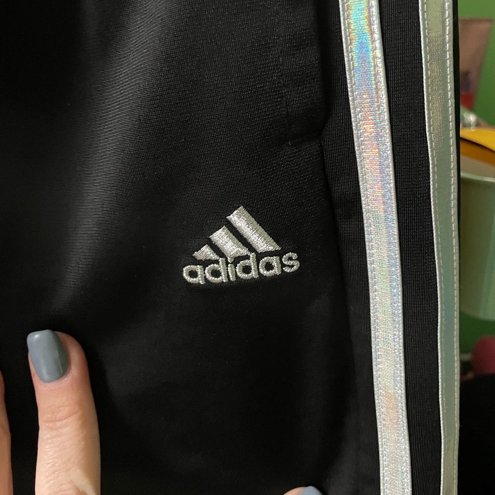Girls Adidas track pants black with holographic stripes NWOT